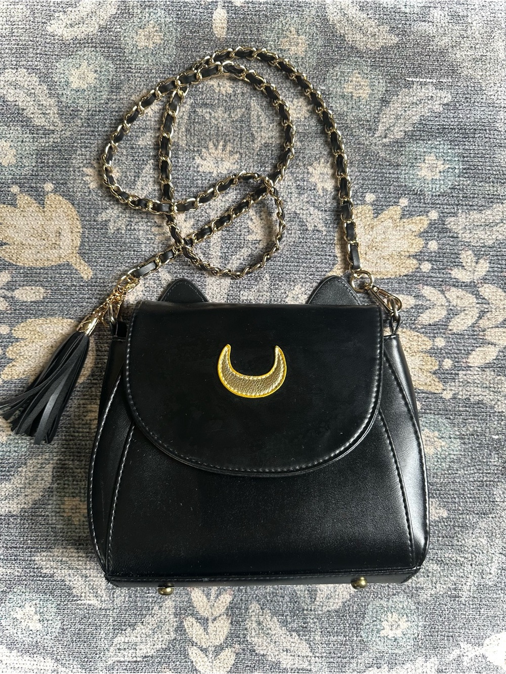 Sailor Moon Luna Cat Black Faux Leather Crossbody Bag Chain Strap